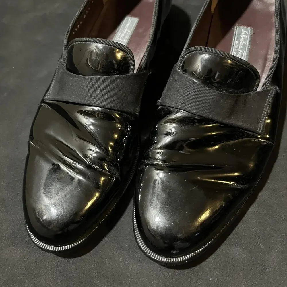 Salvatore Ferragamo Patent Leather Shoes Mens Size 10 Black Opera Vintage Preppy